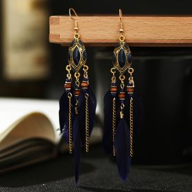 Creative Retro Tassel Feather Earrings Women's Long Oil Dripping (Option: Navy Blue)