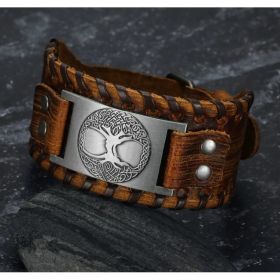 Asgard Crafted Leather Buckle Arm Cuff With Metal Celtic Tree Of Life Design (Option: Silver Brown)