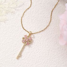 Women's Creative Retro Key Flower Necklace Clavicle Chain Jewelry (Option: Women-Pink)