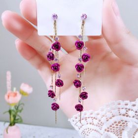 Flower Long Earrings Wild Red Rose Flower Long Rhinestone Tassel Earrings Earrings (Option: Purple Rose-1 pair)
