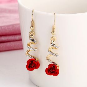 Flower Long Earrings Wild Red Rose Flower Long Rhinestone Tassel Earrings Earrings (Option: Rose spiral-1 pair)