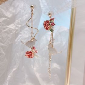 Flower Long Earrings Wild Red Rose Flower Long Rhinestone Tassel Earrings Earrings (Option: Kitten flowers-1 pair)