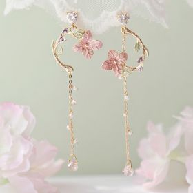 Flower Long Earrings Wild Red Rose Flower Long Rhinestone Tassel Earrings Earrings (Option: Asymmetric flowers-1 pair)