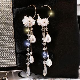 Flower Long Earrings Wild Red Rose Flower Long Rhinestone Tassel Earrings Earrings (Option: White flowers-1 pair)