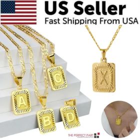 Gold Plated Initial Letter Pendant Necklace Stainless Steel Figaro Chain (Option: X)