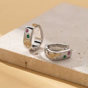 Personalized Multi-color Square Zircon Earrings Simple All-Match Ring Earrings (Option: Silver)