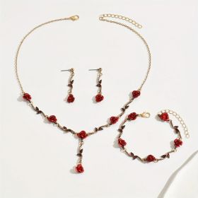 Lxalry Romantic Red Rose Jewelry Set, Handmade Electroplated Necklace Bracelet & Earrings Trio, Bridal Gift For Wedding Elegance & Everyday Roman (Option: Romantic red rose 3piece set)
