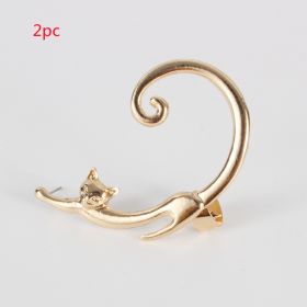 Single Piece Punk Style Cat Post Earring with Ear Cuff Rock Animal Black Stud Earring (Option: Gold2PC)