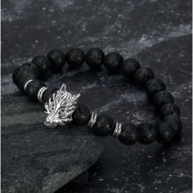 Asgard Crafted Grey Wolf Head And Lava Stone Bracelet (Option: Silver)