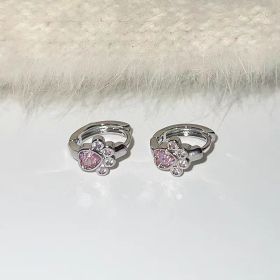 Female Diamond Studded Love Cat Foot Earrings (Option: Pink)