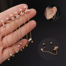 Thin Rod Stainless Steel Double Pierced Ear Bone Nails (Option: Gold-3 Style)