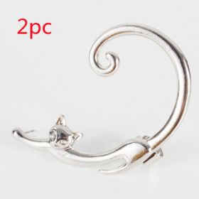 Single Piece Punk Style Cat Post Earring with Ear Cuff Rock Animal Black Stud Earring (Option: Silver2PC)