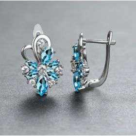 Rose Ring Colorful Flower Drop-shaped Zircon Earrings (Option: Platinum Blue)