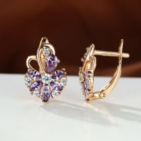 Rose Ring Colorful Flower Drop-shaped Zircon Earrings (Option: Champagne Gold Purple Diamond)