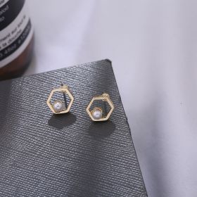 Hollow Diamond Square Stud Earrings (Option: Hexagonal Pearl)