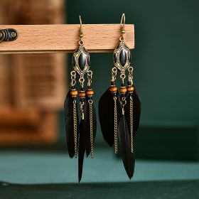 Creative Retro Tassel Feather Earrings Women's Long Oil Dripping (Option: Black)