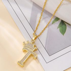 1PCS Fashionable Gold Diamond Crown Uppercase Letter Popular Pendant Necklace Suitable For Daily Use Festivals Parties Gifts Jewelry Set (Option: Gold-T)