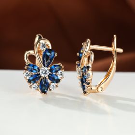Rose Ring Colorful Flower Drop-shaped Zircon Earrings (Option: Champagne Gold Sapphire Blue)