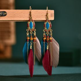 Creative Retro Tassel Feather Earrings Women's Long Oil Dripping (Option: Khaki)