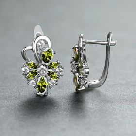 Rose Ring Colorful Flower Drop-shaped Zircon Earrings (Option: Platinum Olive Green)