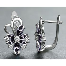 Rose Ring Colorful Flower Drop-shaped Zircon Earrings (Option: Platinum Purple Diamond)