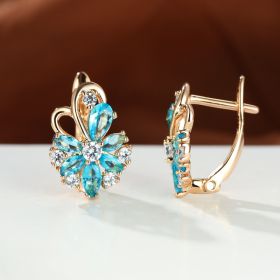 Rose Ring Colorful Flower Drop-shaped Zircon Earrings (Option: Champagne Golden Blue)