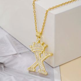 1PCS Fashionable Gold Diamond Crown Uppercase Letter Popular Pendant Necklace Suitable For Daily Use Festivals Parties Gifts Jewelry Set (Option: Gold-X)