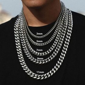 Stainless Steel Gold Silver Chain Cuban Curb Womens Mens Necklace (Option: Silver-22inch 11mm)