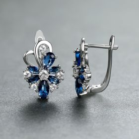 Rose Ring Colorful Flower Drop-shaped Zircon Earrings (Option: Platinum Sapphire Blue)