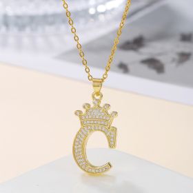 1PCS Fashionable Gold Diamond Crown Uppercase Letter Popular Pendant Necklace Suitable For Daily Use Festivals Parties Gifts Jewelry Set (Option: Gold-C)
