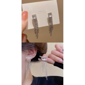 Sterling Silver Needle Sparkling Long Fringed Zircon Earrings (Option: SUIT)