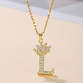 1PCS Fashionable Gold Diamond Crown Uppercase Letter Popular Pendant Necklace Suitable For Daily Use Festivals Parties Gifts Jewelry Set (Option: Gold-L)