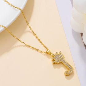 1PCS Fashionable Gold Diamond Crown Uppercase Letter Popular Pendant Necklace Suitable For Daily Use Festivals Parties Gifts Jewelry Set (Option: Gold-J)
