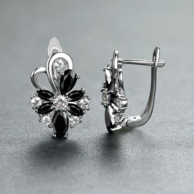 Rose Ring Colorful Flower Drop-shaped Zircon Earrings (Option: Platinum Black Diamond)