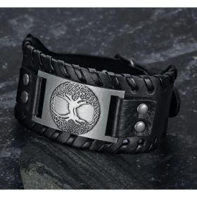 Asgard Crafted Leather Buckle Arm Cuff With Metal Celtic Tree Of Life Design (Option: Silver Black)