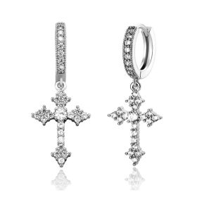 1 Pair Men's Sparkling Zircon Cross Dangle Huggie Hoops,Everyday Versatile Earrings (Option: Silvery)