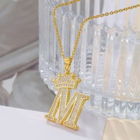 1PCS Fashionable Gold Diamond Crown Uppercase Letter Popular Pendant Necklace Suitable For Daily Use Festivals Parties Gifts Jewelry Set (Option: Gold-M)