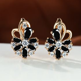 Rose Ring Colorful Flower Drop-shaped Zircon Earrings (Option: Champagne Gold Black Diamond)