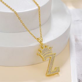 1PCS Fashionable Gold Diamond Crown Uppercase Letter Popular Pendant Necklace Suitable For Daily Use Festivals Parties Gifts Jewelry Set (Option: Gold-Z)