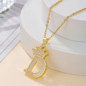 1PCS Fashionable Gold Diamond Crown Uppercase Letter Popular Pendant Necklace Suitable For Daily Use Festivals Parties Gifts Jewelry Set (Option: Gold-D)