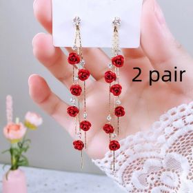 Flower Long Earrings Wild Red Rose Flower Long Rhinestone Tassel Earrings Earrings (Option: Red rose-2 pair)