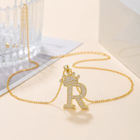 1PCS Fashionable Gold Diamond Crown Uppercase Letter Popular Pendant Necklace Suitable For Daily Use Festivals Parties Gifts Jewelry Set (Option: Gold-R)