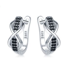 Copper Earrings Round Lines Micro Inlaid Zircon Exquisite Ear Clip (Option: Black)