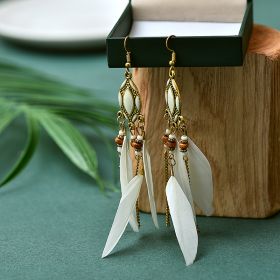 Creative Retro Tassel Feather Earrings Women's Long Oil Dripping (Option: White b)