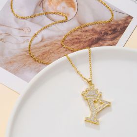 1PCS Fashionable Gold Diamond Crown Uppercase Letter Popular Pendant Necklace Suitable For Daily Use Festivals Parties Gifts Jewelry Set (Option: Gold-Y)