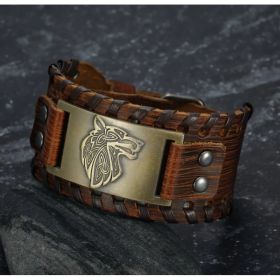 Asgard Crafted Leather Buckle Arm Cuff With Fenrir Design (Option: Gold Brown)