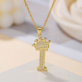 1PCS Fashionable Gold Diamond Crown Uppercase Letter Popular Pendant Necklace Suitable For Daily Use Festivals Parties Gifts Jewelry Set (Option: Gold-I)