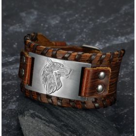 Asgard Crafted Leather Buckle Arm Cuff With Fenrir Design (Option: Silver Brown)