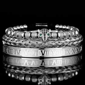 Leopard Head Set Mesh Pineapple Pearl Roman Bracelet (Option: Silver Black Diamond)