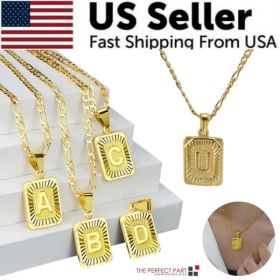 Gold Plated Initial Letter Pendant Necklace Stainless Steel Figaro Chain (Option: U)